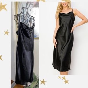 LBISSE BLACK SATIN SLIP DRESS~ADJUSTABLE STRAPS~DRAPED NECKLINE~MEDIUM